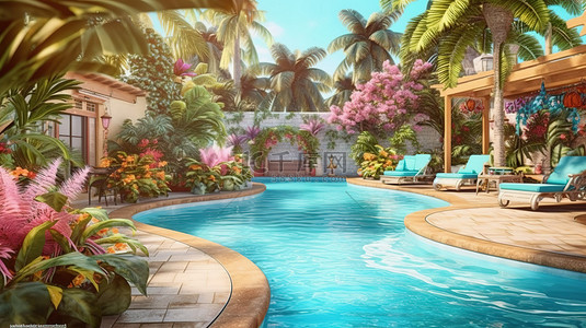 带后院游泳池的热带住宅的 3D 插图