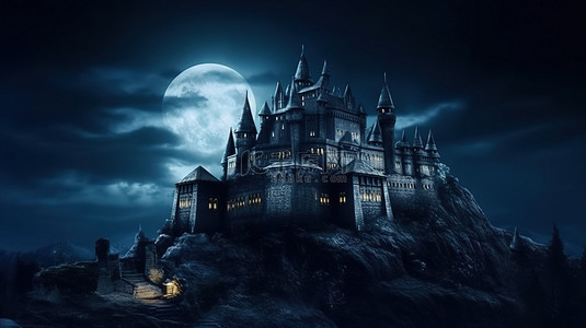 黑暗城堡的夜间图像 3D 渲染插图