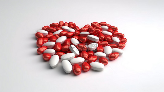 白色背景的 3D 渲染，带有一堆红色心形保健药丸