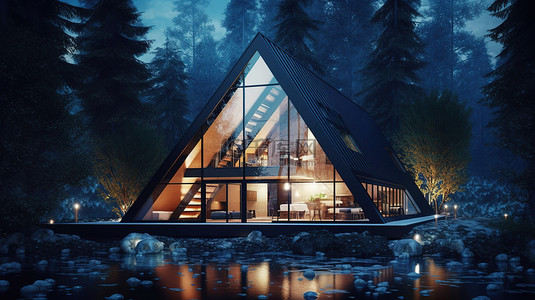 河流背景图片_具有森林背景和夜间照明的现代三角形住宅的 3D 概念