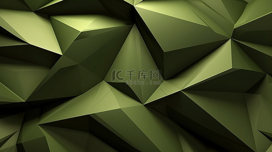 绿色三角几何背景图片_抽象背景中几何橄榄绿多边形形状的特写 3D 渲染