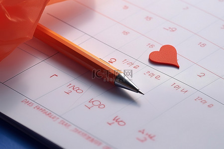 橙色日历上有一支铅笔，顶部画着一颗心