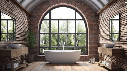 现代浴室采用木材和瓷砖设计，具有弧形砖墙和 3D 渲染窗口视图