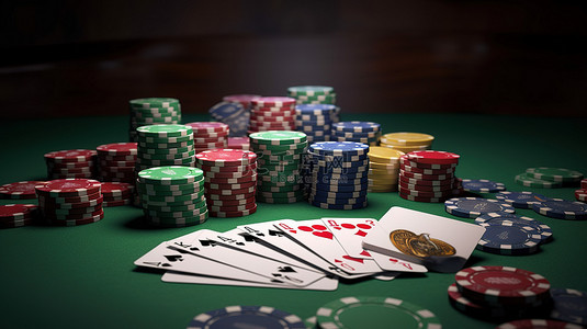 绿桌赌场游戏 3D 渲染的筹码卡和金钱完美适合真实或在线游戏