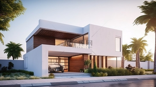 自然风景石背景图片_带露台和现代立面设计的简约 3D 渲染房屋的外部插图