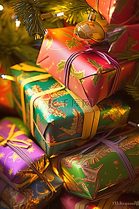 圣诞树下有几个绿色和黄色的礼品袋
