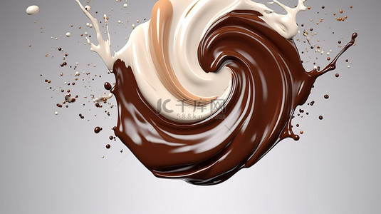 牛奶漩涡背景图片_带有剪切路径的 3D 渲染中牛奶和巧克力的暴风雨漩涡