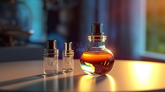玻璃瓶背光背景图片_放在桌子上的玻璃瓶和安瓿的背光 3D 渲染