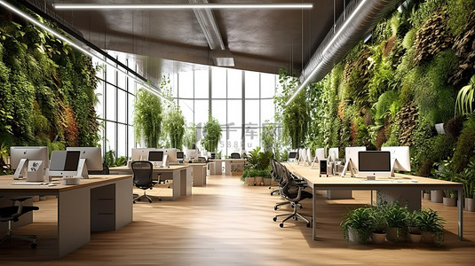 电脑桌办公背景图片_生态友好且富有创意的开放式办公空间，3D 渲染中植物茂盛