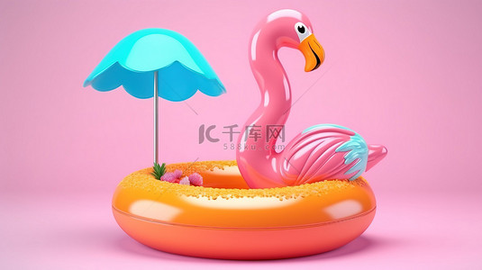 3D 渲染度假概念，在充气粉色火烈鸟玩具上享用新鲜鸡尾酒放松身心