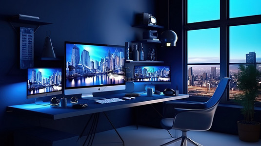咖啡网站设计背景图片_时尚的海军蓝色办公空间，配备 3D 渲染响应设备和出色的网站设计