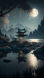 中国风亭子月亮山川背景