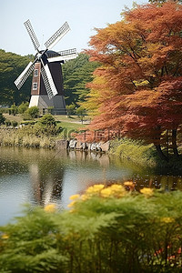 池塘边背景图片_风车在池塘边