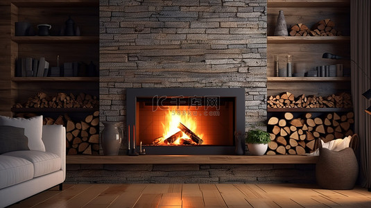和谐内燃机背景图片_时尚的设计师壁炉，内置火箱，逼真的燃烧火和木柴阁楼风格 3D 渲染