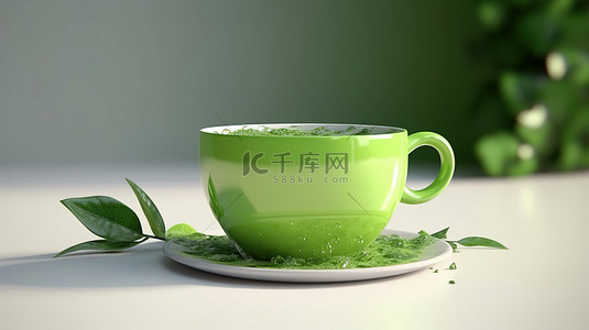 浅色背景上绿茶杯的 3d 渲染