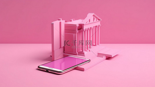 粉红色背景下基于智能手机的网上银行 3D 渲染