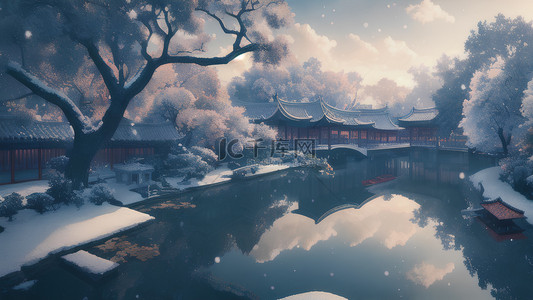 中国画桃花背景图片_庭院湖水玉树白雪小屋