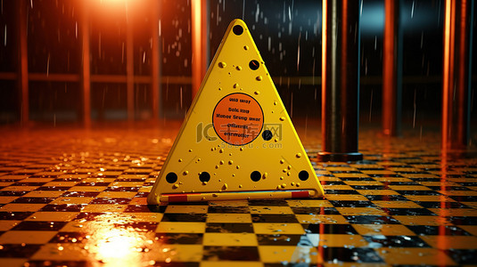 带有圆点湿地板警告的黄色加密货币警告标志的 3D 渲染插图