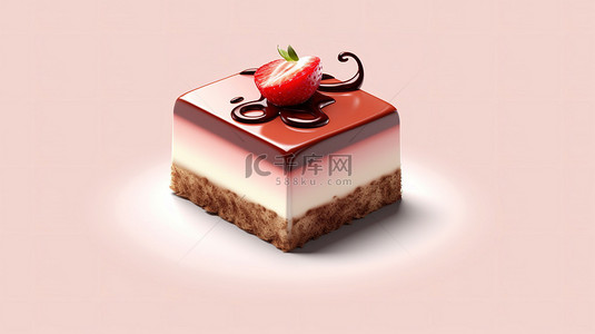 草莓图标背景图片_令人愉悦的蛋糕片，配有草莓奶油和闪亮的巧克力细雨 3D 渲染图标