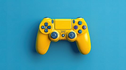迷人的蓝色背景上充满活力的黄色视频游戏控制器令人惊叹的 3D 渲染沉浸式游戏概念