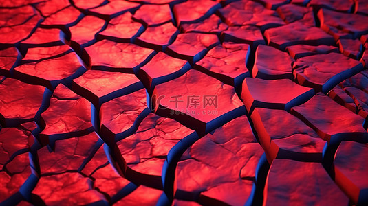 火红的地面纹理，带有火山喷发后裂缝的 3D 渲染