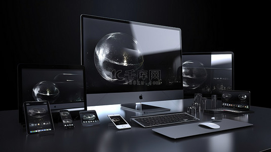 现代网站设计展示在桌面上，所有设备均以 3d 形式显示