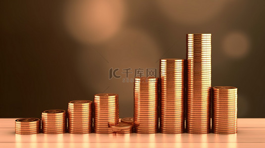 金融上升背景图片_3D 渲染硬币堆和带有向上箭头的上升条形图的插图
