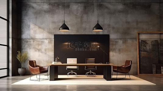 椅子海报设计背景图片_时尚的办公室设计与装饰模型海报混凝土墙温暖的灯光和木地板玻璃反射增强 3D 渲染