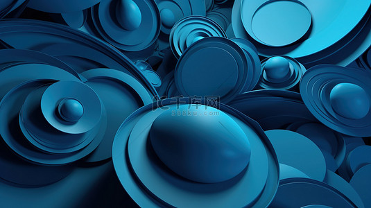 单色元素背景图片_3D 中的一组蓝色圆圈，带有几何图案的单色背景插图