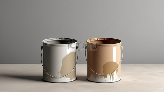 3D 渲染的隔离油漆罐，展示米色油漆的前视图，一罐可打开