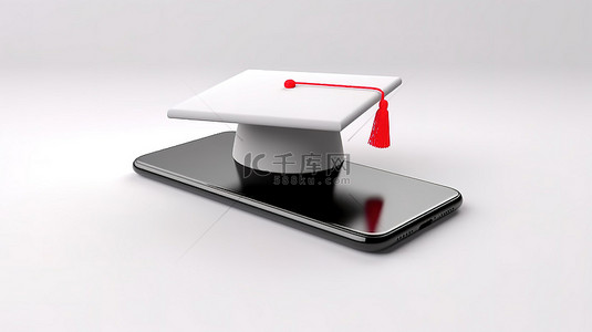 学术科技背景图片_空白手机显示屏，配有毕业帽和白色背景 3D 渲染设计空间