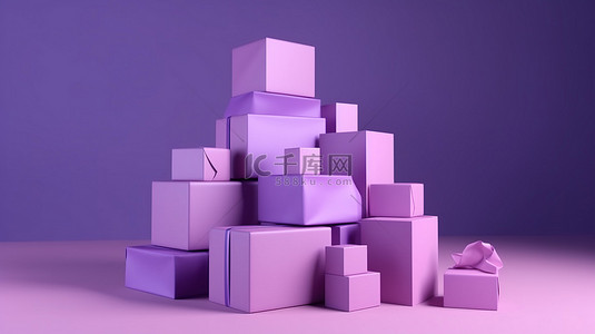 外卖盒背景图片_最小样式的 3d 包裹盒堆栈概念呈现在紫色背景上，用于网站插图