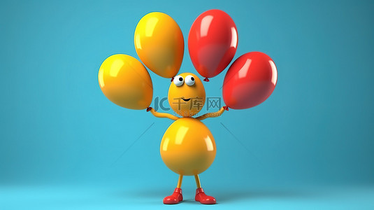 卡通人物用极其灵活的无骨手握住气球重量的 3D 渲染