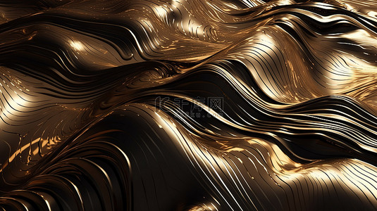 3D 渲染中抽象黄金切片波的特写视图