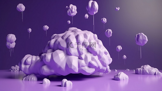 3D 卡通雨云插图，以紫色背景为背景，描绘季风季节的到来