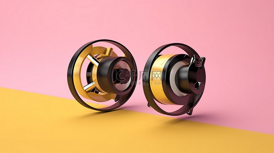 粉红色背景在 3D 渲染中展示黄色和黑色陀螺仪