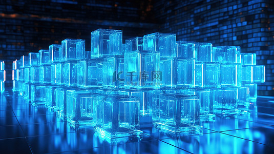 外部光照射的蓝色玻璃矩阵的 3D 渲染