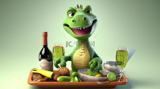霸王龙可爱背景图片_搞笑 3D 恐龙，带标志和酒瓶托盘