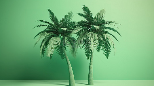 3D 绿色棕榈树呈现在柔和的绿色背景上，非常适合暑假