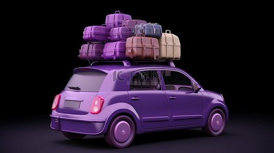 一辆紫色掀背车在车顶上携带一堆行李的 3D 图像
