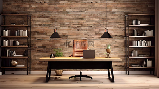带砖墙的木地板家庭办公室的 3D 渲染