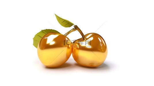 樱桃果汁背景图片_使用 3D 渲染创建的白色背景上带有叶子的闪闪发光的金色樱桃
