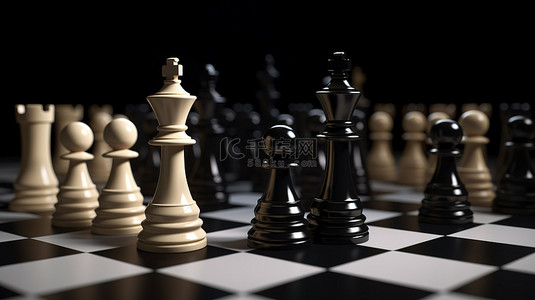 领导力概念插图黑地上激烈的 3D 国际象棋战斗