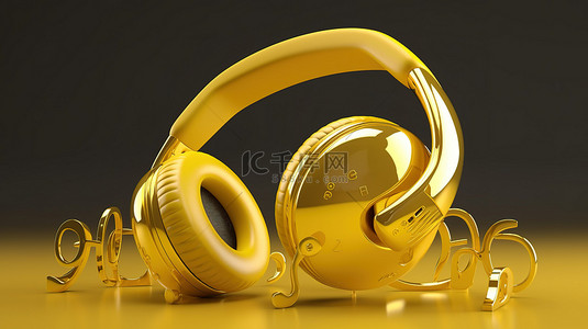 鋼琴音符背景图片_音乐概念黄色音符，耳机以 3D 渲染为中心