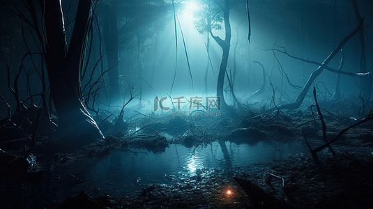 神秘而空灵的森林，带有雾和发光元素的 3D 渲染