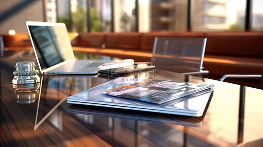 玻璃会议桌的选择性聚焦 3D 渲染，以及笔记本电脑和纸张的特写