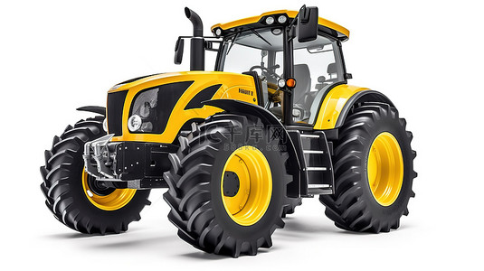 农业机械图标背景图片_当代黄色拖拉机白色背景上农业机械的独立 3D 插图