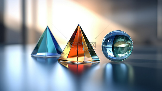 简约 3D 组合中的玻璃人物撕裂了十字锥棱镜球体和二十面体
