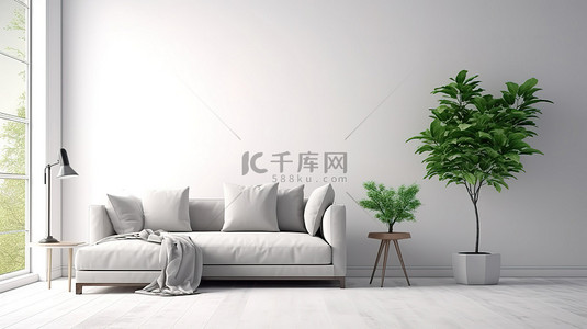 白色背景的 3D 渲染与灰色布艺沙发和枕头创建客厅内墙模型