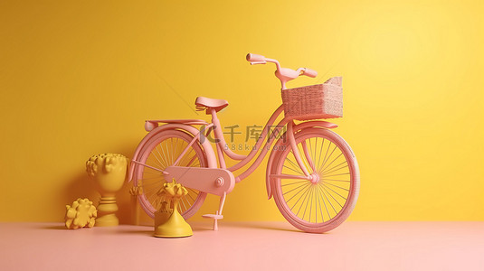 越野背景图片_在粉红色背景下以 3d 呈现的复古黄色自行车